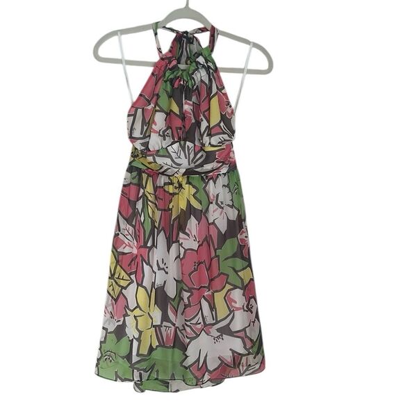 VTG MILLY OF NEW YORK 100% Silk Halter Drop Waist Dress Pink/Green Y2K Size 0 - Picture 1 of 11